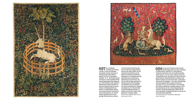 A book page displaying two famous medieval unicorn tapestries. On the left, a white unicorn sits inside a circular fence under a tree against a dark, floral millefleurs background. On the right, a lady sits with a unicorn in her lap, flanked by a lion holding a banner, against a red millefleurs background. German text is visible below each image.