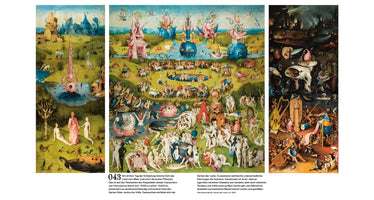 A high-resolution image of Hieronymus Bosch's triptych, The Garden of Earthly Delights, laid out on a page with German text. The left panel depicts the Garden of Eden. The large, chaotic central panel shows a surreal landscape of nude figures, giant birds, and fruit. The right panel is a dark, fiery, and nightmarish vision of Hell filled with demons and scenes of torture.