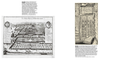A book page with two historical illustrations of French formal gardens, accompanied by German text. On the left, a 1661 engraving shows a panoramic view of the Château de Saint-Germain-en-Laye with its extensive, terraced gardens. On the right is a smaller, top-down 1652 plan of the Tuileries Garden, detailing its geometric layout with parterres and basins.