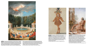 A spread from a publication with three numbered artworks and German text. On the left, a large Baroque painting shows the Amphitheater in the Bosquet of Versailles, with a grand fountain and mythological figures. On the right are two smaller images: a costume design for King Louis XIV as the Sun King, and a portrait of composer Jean-Philippe Rameau writing music in a garden.