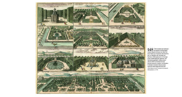 A 1720 colored engraving by Johann Baptist Homann depicting the elaborate Baroque gardens of Schlosspark Hildburghausen. The illustration is composed of twelve smaller, detailed views arranged in a grid above a large panoramic, bird's-eye view of the entire garden complex. The scenes show intricate hedge mazes, formal parterres, fountains, canals, an open-air theater, and people in period attire strolling through the grounds.