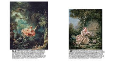A page from an art book displaying two French Rococo paintings with German text. On the left is Fragonard's The Swing, showing a woman in a pink dress on a swing in a lush garden. On the right is Boucher's The Secret Message, depicting a woman sitting in a garden reading a letter delivered by a dove.
