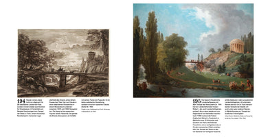 An open art book displays two classical landscape scenes side-by-side with German text. On the left is a monochromatic ink drawing by Claude Lorrain, showing a bridge over a river gorge with a round temple on a cliff. On the right is a vibrant oil painting by Hubert Robert, depicting a lush river scene with people on the bank and a similar round temple on a grassy hill.