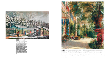A two-page book spread contrasting two historical paintings of greenhouses. The left image shows a practical English forcing garden with several glasshouses in a snowy winter landscape from 1805. The right image depicts the lush, ornate, and sunlit interior of a German palm house from 1832, filled with large tropical plants and people lounging among them.