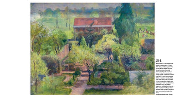 An oil painting by Christian Friedrich Gille, titled Garten, from around 1835. The work is a high-angle landscape view of a vast, lush garden filled with green trees, shrubs, and formal paths. A house with a prominent red roof sits in the middle ground. The hazy, sunlit atmosphere and overgrown foliage create a romantic, rural scene, with a few small figures relaxing on a distant lawn to the right.