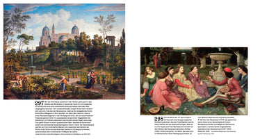 An open art history book with German text, featuring two paintings side-by-side. The left image is a romantic landscape by Joseph Anton Koch, showing a lush Renaissance garden with figures, and the Santa Maria Maggiore church in the background. The right image is John William Waterhouse's Pre-Raphaelite painting, A Tale from the Decameron, showing a man telling a story to a group of seated women in a garden.
