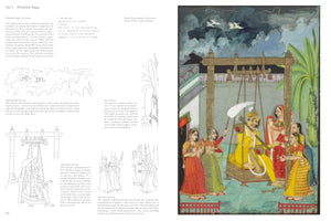 A two-page spread from a book about Hindola Raga. The left page has text and line art explaining the theme. The right page features a colorful Indian miniature painting depicting a king in yellow sitting on an ornate swing, playing a stringed instrument. He is surrounded by five female attendants in a palace courtyard under a dark, cloudy sky.