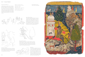A book spread showing an analysis of an Indian painting titled Asavari Ragini. The right page displays the colorful painting of a dark-skinned yogini with peacock feathers walking through a wilderness filled with animals like deer, peacocks, and lions. She holds a stringed instrument as a large snake coils around her leg. To the left is a white building, and in the background, the god Shiva meditates on a mountain. The left page contains explanatory text and line drawings of details from the painting.
