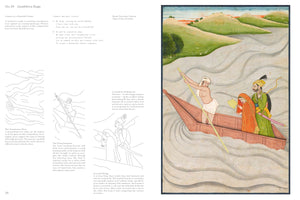 A book page analyzing an Indian painting titled Gambhira Raga. The painting on the right shows a boatman poling a small boat carrying a warrior and his veiled bride across a turbulent river. The left page features descriptive text and line drawings that break down the details of the artwork.