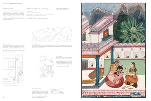 A page from a book analyzing the Indian miniature painting Dhanashri Ragini. On the left, text and line drawings explain elements of the artwork, such as the portrait, the empty bed, and gathering clouds. On the right is the full painting, showing two women on an ornate palace terrace. One woman paints a portrait of a man while her companion watches. A stormy sky looms in the background, reflecting the mood of longing and separation.
