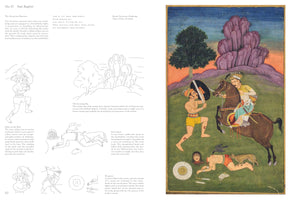 A two-page book spread analyzing an Indian painting titled Nat Ragini. The left page contains explanatory text and black-and-white line drawings of details. The right page displays the full-color painting, which depicts a warrior on foot with a shield and sword fighting a cavalryman. In the foreground, a decapitated body is scavenged by a jackal and a crow, set against a landscape with a tree and purple mountains under an evening sky.