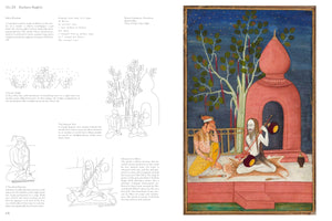A page from a book titled Kedara Ragini, showing an Indian miniature painting on the right and an analysis with text and line drawings on the left. The painting depicts a troubled warrior sitting on a terrace at night, listening to a long-haired yogi playing a stringed instrument in front of a red shrine under a starry sky.