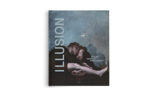 A hardcover book with a dark blue-grey cover, shot on a white background. The title ILLUSION is printed vertically in large, light-colored letters on the left. The cover art is a classical painting of a melancholic figure sitting slumped over under a dark sky with a crescent moon. The German text TRAUM IDENTITÄT WIRKLICHKEIT is printed on the right.