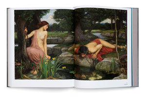 An open art book on a white surface displays a two-page spread of John William Waterhouse's painting, Echo and Narcissus. On the left, the nymph Echo, in a pink drape, sits under a tree and looks toward Narcissus. On the right, Narcissus lies by a pool, captivated by his own reflection in the water. The scene is a lush, wooded landscape.