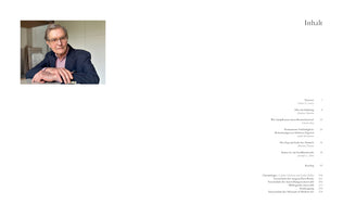 A two-page spread from a book. The left page has a color portrait of an older man with glasses wearing a dark blazer, sitting at a table with his hands folded. The right page shows the table of contents in German, with the heading Inhalt, listing various chapters, author names, and page numbers against a plain white background.