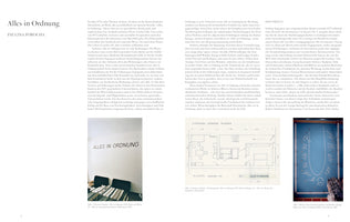 A two-page spread from a book in German with the title Alles in Ordnung. The pages contain an essay and three images of artwork by Thomas Schütte: one shows the phrase ALLES IN ORDNUNG painted on a bedroom wall, another is a floor plan of a room, and the third shows the phrase written in white on a blue surface.