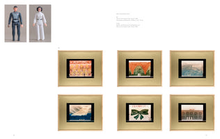 A page from a catalog or book. On the top left are two action figures, one of Spock from Star Trek and one of Princess Leia from Star Wars. Below them is a grid of six identically framed artworks. The small, colorful paintings appear to be set designs for a theater production and feature surreal scenes with German words like ACHTUNG and FREIHEIT.