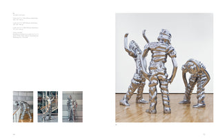 A two-page spread from an art book. The right page shows a large photo of three humanoid sculptures made of polished, coiled aluminum, standing on a wooden floor in a gallery. One figure is bent over, while two stand behind it. The left page features German text and three smaller photos of similar sculptures.