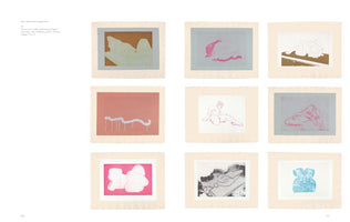 A two-page spread from an art book showing nine prints arranged in a three-by-three grid. The artworks are part of a series and depict stylized, abstract female figures and nudes in a variety of colors, including pink, blue, orange, and black, on cream-colored paper.