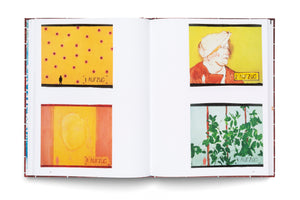 An overhead shot of an open art book laid flat against a white background. The two-page spread displays four square, colorful illustrations, each numbered and captioned with the German word AUFZUG. The top-left image has a yellow background with red dots; the top-right is a portrait; the bottom-left is an abstract orange and yellow piece; and the bottom-right shows a leafy green plant.