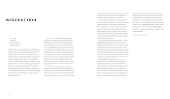 A two-page spread from an art book with a clean, modern layout. On the left page, the title INTRODUCTION is printed in large, bold, black letters above a list of artwork titles and a column of text. The right page consists of three columns of text, concluding with the names Sean Kelly & Jeffrey Grove. The background is white.