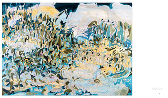 A full-page view of an abstract painting titled Calling the Sea, 2021. The artwork is a dynamic and dense composition of fluid, organic shapes in a palette of blues, teals, olive greens, and yellows. Thin, sketchy lines are layered over washes of color, creating a sense of turbulent movement, reminiscent of an underwater scene with seaweed and light.