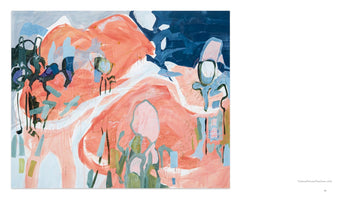A page showing a square, gestural abstract painting from 2018 titled TicklemePink and PineGreen. The dynamic composition features large, flowing shapes of coral pink and white, with a block of deep navy blue in the upper right. Over this background are layered smaller, energetic forms in light blue, sage green, and dark, branch-like clusters, with thin, scribbled lines adding texture throughout.