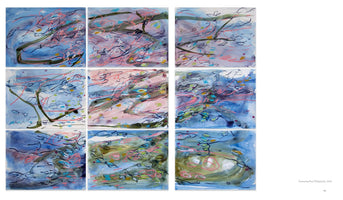 A page from a catalog showing an artwork titled Swimming Pool (Polyptych), 2020. The piece is a 3x3 grid of nine square abstract paintings. Each panel features fluid watercolor washes in blue, pink, and green, with energetic, swirling lines in black and pink that evoke the movement and reflection of light on water.