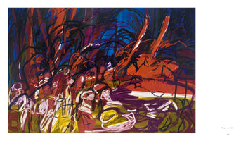An abstract expressionist painting titled Purgatorio, depicting a tumultuous scene. A crowd of loosely defined figures in the foreground are rendered with energetic white, yellow, and red strokes. They are surrounded by a dense, dark forest of fiery red and deep purple under a dark blue sky, creating a chaotic and intense atmosphere.