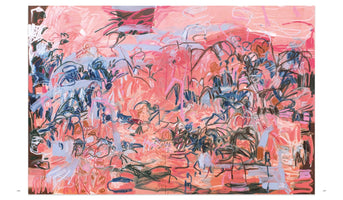 A vibrant and chaotic abstract painting on a two-page spread, dominated by shades of pink and coral. The canvas is layered with a dense network of energetic, gestural lines and scribbles in dark blue, light blue, white, and black, creating a sense of dynamic movement and suggesting a tangled, abstract landscape.