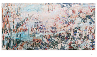 A large, horizontal abstract painting with a dynamic and layered composition. Gestural, scribbled lines in rust red, dark green, and blue crisscross over a soft, hazy background of pale blue, white, and pink, evoking the sense of a dense, overgrown landscape or a reflection on water.