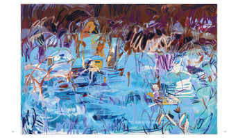 An energetic, horizontal abstract painting with a dense, dark upper band of brown, purple, and black strokes. The lower, larger section is a swirling expanse of light blue, aqua, and white, filled with chaotic, gestural lines in orange, purple, and dark blue, evoking the feeling of a tumultuous waterscape.