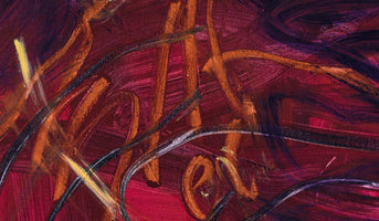A close-up of an abstract painting with visible, textured brushwork. The background is a rich field of deep red and maroon hues. Energetic, sweeping strokes of burnt orange, dark purple, and black curve and intersect across the canvas, with small, bright highlights of yellow and white.
