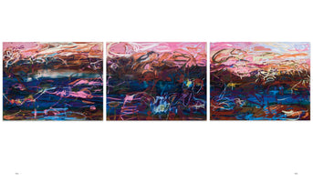 A triptych of three square abstract paintings arranged horizontally. The compositions are filled with energetic, gestural scribbles in white, pink, orange, and blue over a layered background. The lower portion of each canvas is a tumultuous blend of deep blues, purples, and browns, while the upper section is a wash of pink and orange, evoking a chaotic sunset over a dark sea.