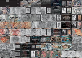 A dense collage of artworks by artist Adrian Ghenie from his Schatten Bilder series. The image features rows of expressionistic paintings and charcoal drawings of distorted and skeletal human figures. Black title cards with German text are interspersed throughout the grid-like composition, presenting a comprehensive overview of the artist's visceral style.