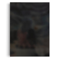A vertical rectangular poster or canvas against a white background. The image on the poster is completely blurred, showing only dark, indistinct shapes in shades of grey, blue, and brown. The object casts a soft shadow to the left and bottom, giving it a subtle three-dimensional appearance.