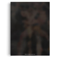 A dark, vertical rectangular object, possibly a poster or book cover, is shown against a white background. The image on the object is heavily blurred, showing indistinct dark and muted shapes that suggest a figure. At the bottom, small white text reads: Based on an original concept by C.A.B.