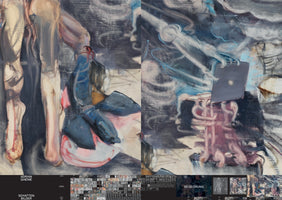An abstract diptych painting by Adrian Ghenie. The left panel features distorted, fleshy human limbs rendered with energetic brushstrokes against a dark background. The right panel shows a ghostly, skeletal figure in white and blue, holding a laptop. The bottom of the image contains text, including the artist's name, and a gallery of thumbnail images.