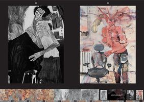 A screenshot of a digital art book spread. On the left, page 62 shows a stark, black-and-white expressionist drawing of a gaunt, anguished figure. On the right, page 63, is a colorful, abstract painting of a distorted reddish figure with antler-like growths standing next to an office chair. A filmstrip of other artworks is displayed below.