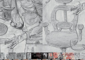 A digital interface displaying two abstract charcoal drawings side-by-side. The drawing on the left features a distorted, possibly skeletal figure with an outstretched hand. The drawing on the right depicts a stylized, rounded chair with a hand resting on its back. Below the main image is a filmstrip of other artworks, with one highlighted and labeled WELTWEHMUT 1.