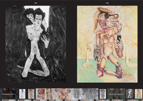 A digital catalogue page displays two artworks side-by-side. On the left is a black-and-white expressionist drawing of a gaunt, two-headed nude figure against a dark background. On the right is a colorful, surreal painting of a distorted, fragmented nude figure kneeling while taking a selfie with a smartphone. A filmstrip of other artworks is shown at the bottom.