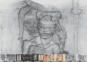 A complex, multi-layered charcoal drawing on a textured, light-gray surface. The artwork consists of overlapping, gestural sketches of human figures, creating a distorted and dynamic composition. A central figure holds a hand to their head, and to the right is a sketch of a bone joint. A horizontal gallery of smaller images is displayed along the bottom.