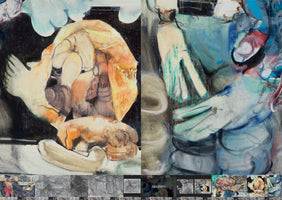 An expressive abstract diptych with a digital gallery interface below. The left panel features a complex, organic form in orange and tan against a dark background with light blue cloud shapes. The right panel is a swirl of blue, teal, and white brushstrokes, with forms resembling large, stylized hands.