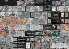 A dense collage of paintings and sketches by artist Adrian Ghenie, from his Shadow Paintings series. The image is a grid of numerous artworks, showcasing a mix of monochrome drawings and colorful, abstract paintings of distorted human figures. The layout resembles a contact sheet from an art catalog, with titles and page numbers scattered throughout.
