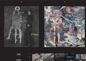 A page from an art catalog for artist Adrian Ghenie. At the top, two paintings are displayed. On the left is a grayscale painting of a man in a suit touching the halo of a gaunt, floating figure. On the right is a colorful, abstract expressionist painting of two contorted figures in a chaotic embrace. Below is a thumbnail gallery of other works from the series titled Shadow Paintings.