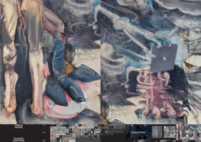 A chaotic, abstract diptych painting by Adrian Ghenie. On the left, fleshy, distorted human legs and feet are painted with thick, visceral strokes against a dark, scratched background. On the right, a ghostly, skeletal figure in white and blue holds up a laptop, supported by a tangle of pink tubes. The image is a digital layout from the Shadow Paintings series.
