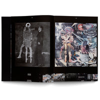 An open art book with black pages displaying a two-page spread. The left page shows a black-and-white painting of a man in a suit beside a skeletal figure. The right page features a colorful, abstract painting of two figures embracing in a chaotic scene. Below, a fold-out section shows many small thumbnail images.