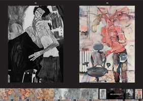 A digital spread from an art book comparing two expressionist works. On the left, a black-and-white Egon Schiele drawing of a gaunt, anguished figure. On the right, a colorful contemporary painting of a distorted, reddish humanoid figure with antlers standing next to an office chair. A filmstrip of related thumbnail images runs along the bottom.