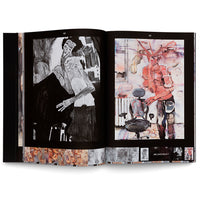 An open art book showing a two-page spread with black backgrounds. On the left page is a black-and-white expressionist drawing of a gaunt figure. On the right is a colorful, abstract painting of a reddish figure with a complex headdress standing next to a wheeled office chair. A strip of smaller thumbnail images runs along the bottom of the pages.