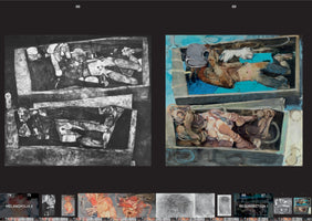 An art book spread showing two expressionist paintings side-by-side. The left painting is a dark, black and white depiction of two figures lying in separate, stacked boxes. The right painting is a full-color version of the same scene, rendering the contorted figures in fleshy tones against a bright blue and grey background. Below are thumbnail images from the book.